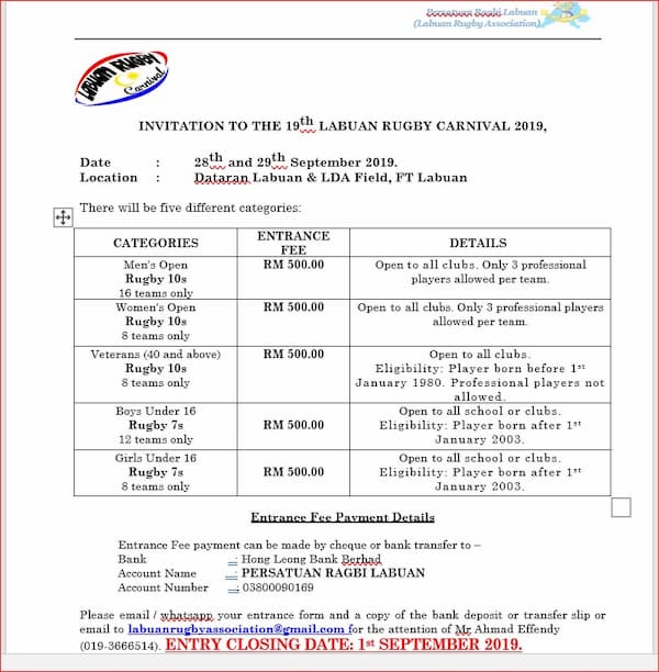 Labuan Rugby Carnival 2019 Entry
