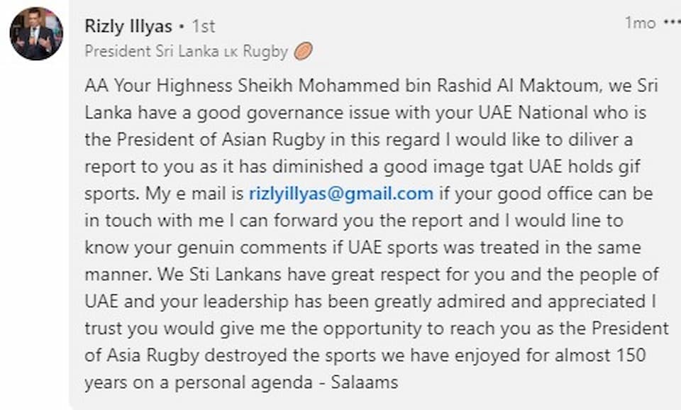 Rizly Illyas Sri Lanka Rugby President Asia Rugby