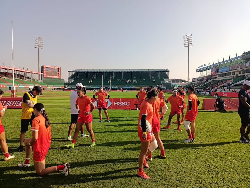 Squad members of the Chinese Women's Sevens Rugby team in Dubai