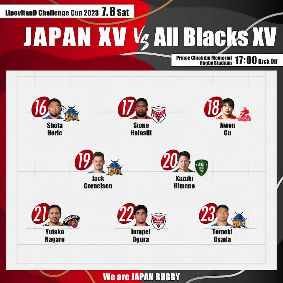 Japan XV Squad vs All Blacks XV - 8th July 2023