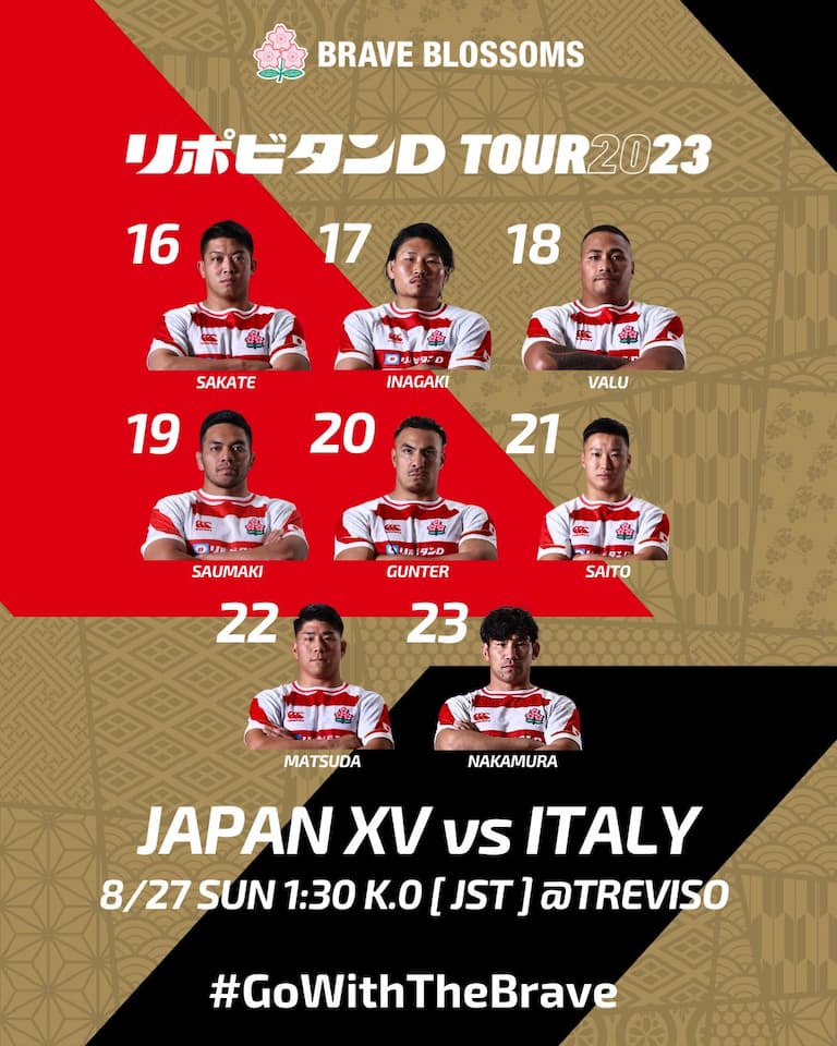 Japan Brave Blossoms Squad versus Italy – 26th August 2023