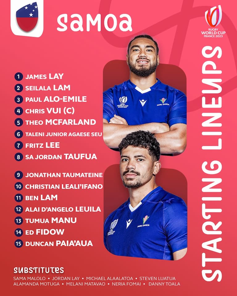 Samoa Squad vs Japan– RWC 2023 Pool D Thursday 28th September 2023