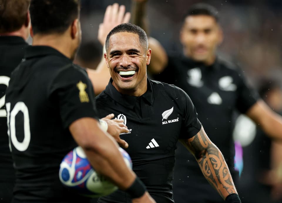 PARIS, FRANCE - OCTOBER 20: Aaron Smith of New Zealand celebrates as Shannon Frizell of New Zealand (not pictured) scores his team's third try during the Rugby World Cup France 2023 semi-final match between Argentina and New Zealand at Stade de France on October 20, 2023 in Paris, France. (Photo by Michael Steele - World Rugby/World Rugby via Getty Images)