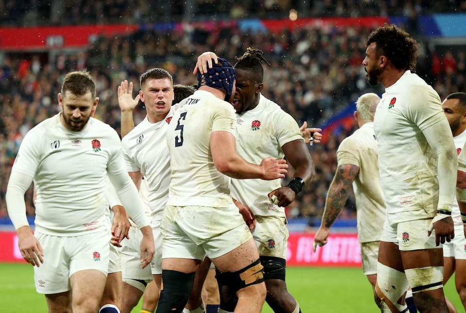 PARIS, FRANCE - OCTOBER 21: George Martin and Maro Itoje of England celebrate a turnover during the Rugby World Cup France 2023 match between England and South Africa at Stade de France on October 21, 2023 in Paris, France. (Photo by Adam Pretty - World Rugby/World Rugby via Getty Images)