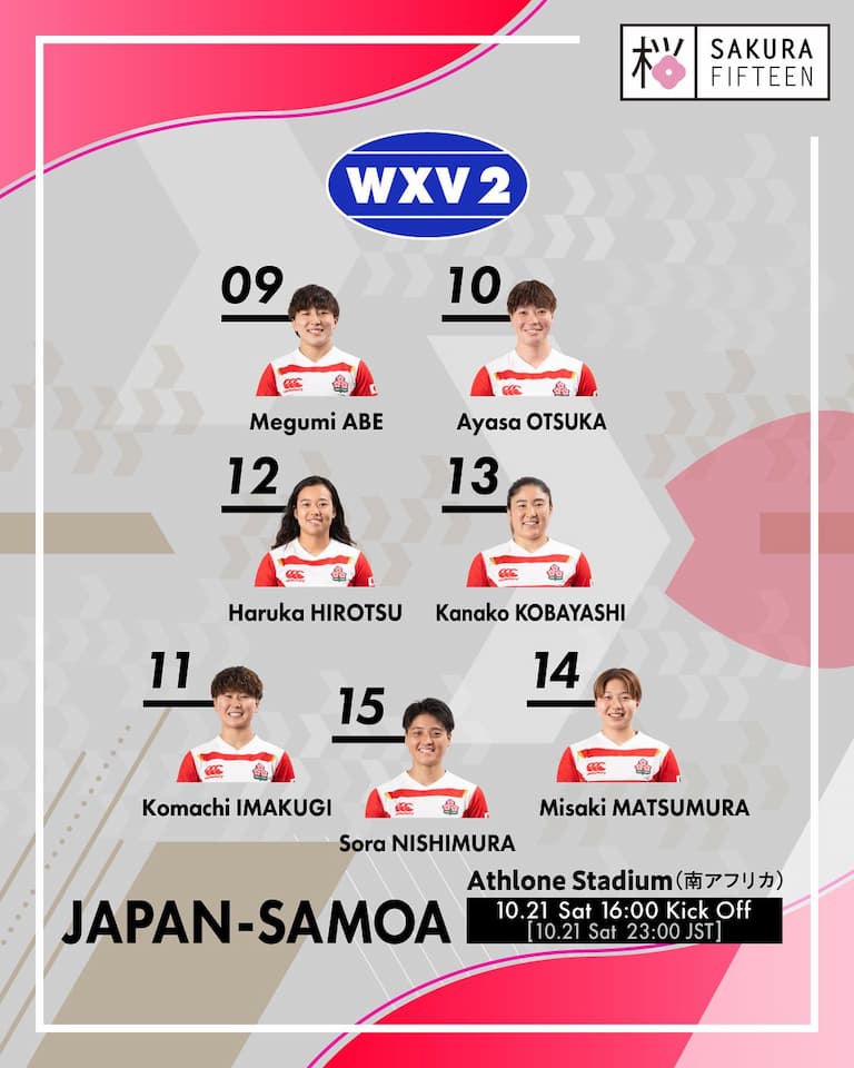 Japan Squad – Japan vs Samoa – WXV 2 2023 Saturday 21st October 2023