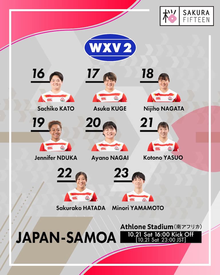 Japan Squad – Japan vs Samoa – WXV 2 2023 Saturday 21st October 2023