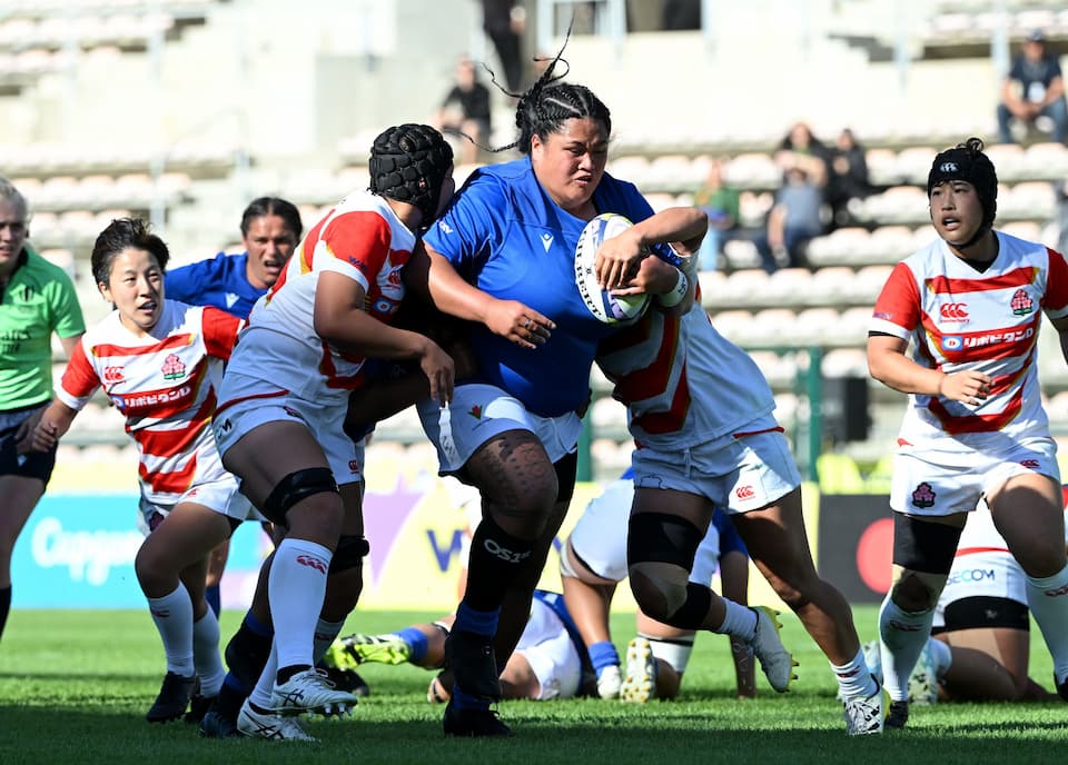 CAPE TOWN, SOUTH AFRICA - OCTOBER 21: Rereglory Aiono of Samoa goes over the line to score their side's first try during the WXV 2 2023 match between Japan and Samoa at Athlone Sports Stadium on October 21, 2023 in Cape Town, South Africa. (Photo by Johan Rynners - World Rugby/World Rugby via Getty Images)