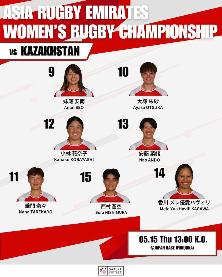 Matchday Squad - Japan Sakura 15s vs Kazakhstan AREWC 2025