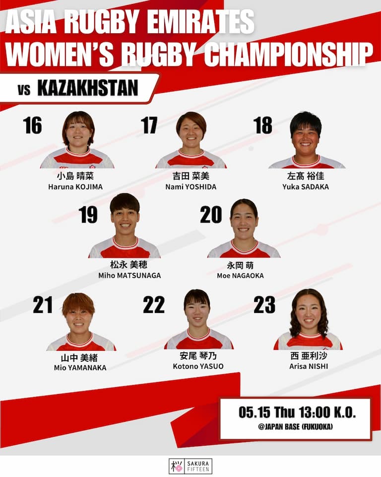 Matchday Squad - Japan Sakura 15s vs Kazakhstan