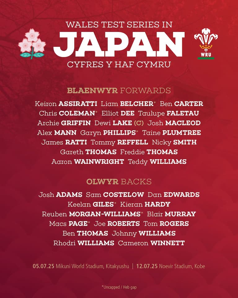 Wales Squad Japan Test Series June 2025